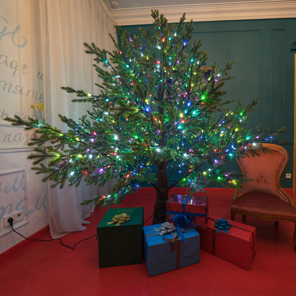 Festive LED Christmas tree with colorful lights and gifts for indoor holiday decoration.