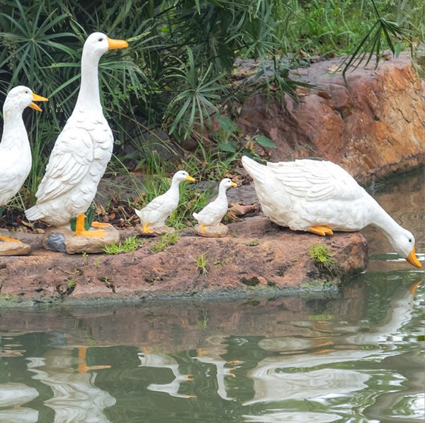 Five white ducks on a rock by a body of water with greenery in the background