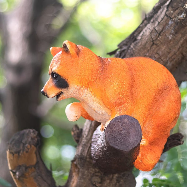 Weatherproof resin raccoon outdoor figurine with solar panel and LED lighting