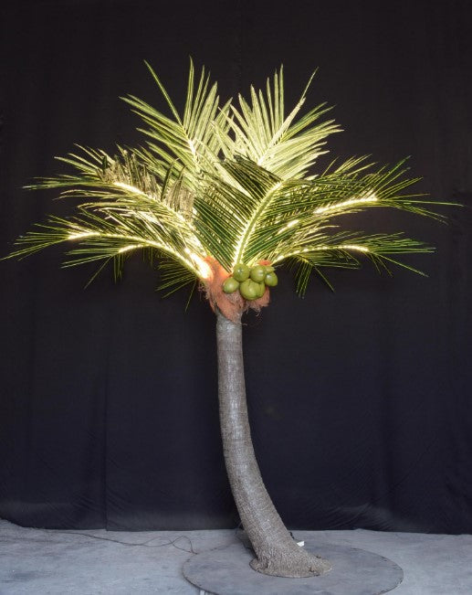 LED palm tree with realistic coconuts and lighting for indoor and outdoor tropical decor.