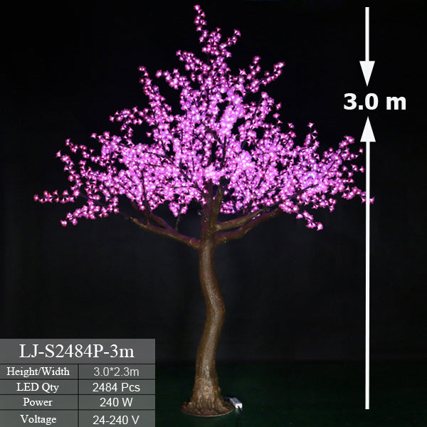 3-meter tall pink LED tree with 2484 LEDs and a realistic trunk for outdoor decoration.