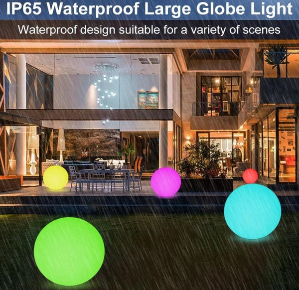 Glowing colorful lights in front of a modern house with text about waterproof design.