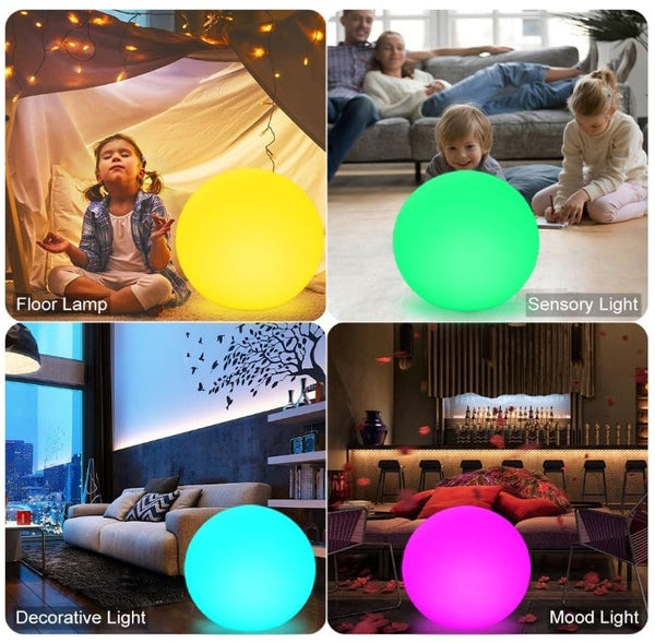 Collage of a child with a floor lamp, family with a sensory light, living room with decorative light, and indoor setting with mood light.