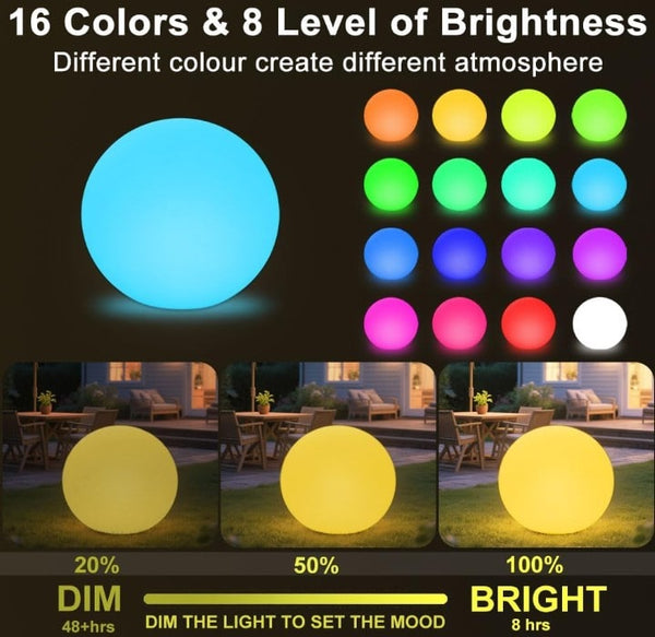 Color-changing light ball with 16 color options and brightness levels, shown outdoors.