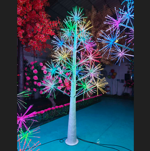 Outdoor RGB LED Firework Tree with realistic white trunk and multicolor starburst lights
