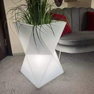 Hourglass LED Planter 27.5in (7.4 Gal) with White Light – Modern outdoor flower vase, frost-proof and illuminated.