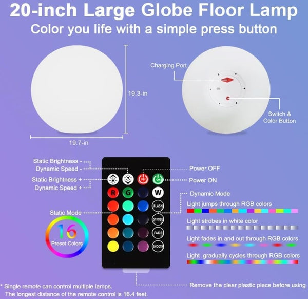 20-inch large globe floor lamp with remote control and color options on a purple background