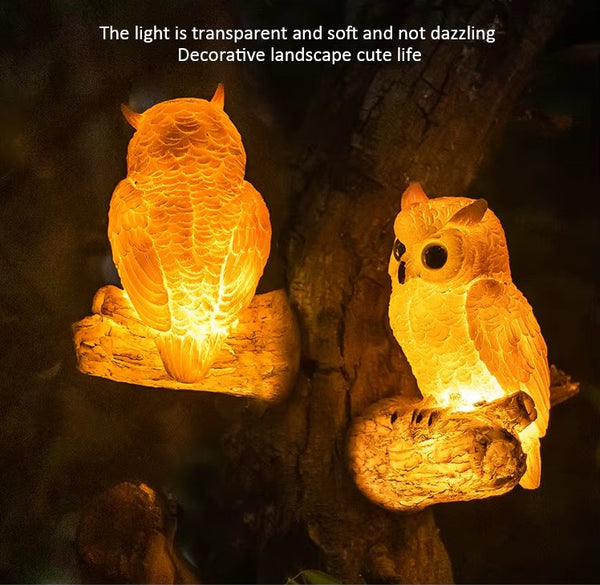 Two owl-shaped lights on a dark background with text describing their characteristics.