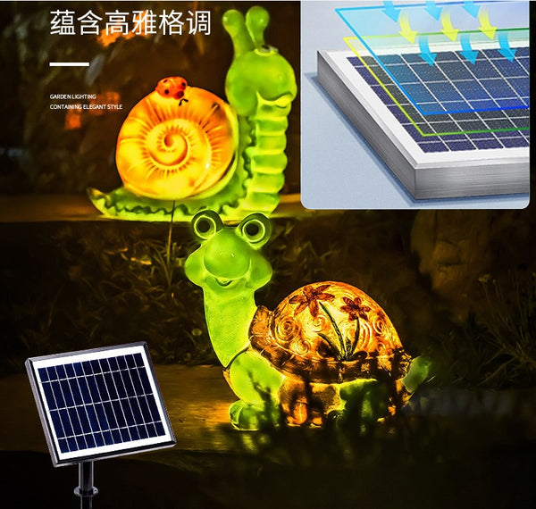 Solar-powered garden lights shaped like snails and turtles with solar panels inset.