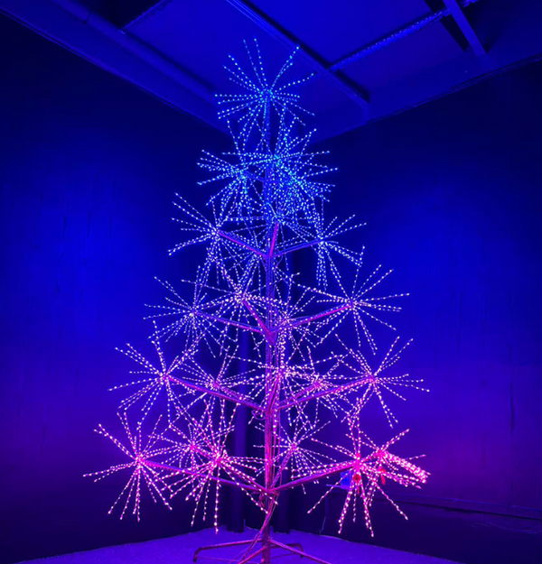 Close-up of RGB LED Firework Tree with colorful animated starburst lights