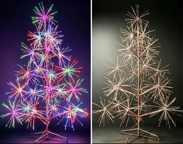 A split-screen view of a copper-finished metal starburst Christmas tree. The left side shows the tree lit with multicolor LED starburst lights against a dark purple background, while the right side shows the bare copper metal frame of the tree against a dark gray background.