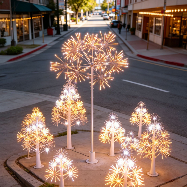 A set of illuminated decorative trees with white stems and glowing warm yellow starburst canopies, displayed on a city sidewalk along a street at night.
