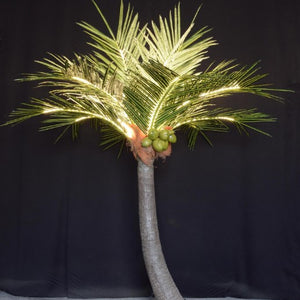 LED palm tree with realistic coconuts and lighting for indoor and outdoor tropical decor.