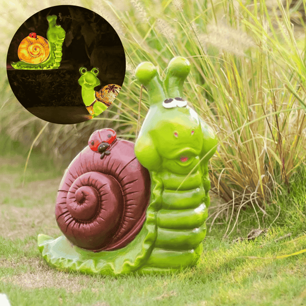 Garden snail and caterpillar decorations on grass with inset showing them glowing in the dark.