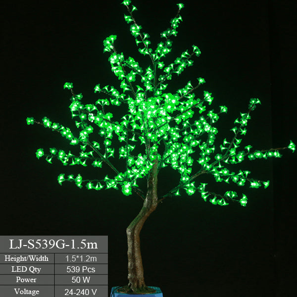 Green LED tree with 539 lights, 1.5 meters tall, for indoor and outdoor decor.